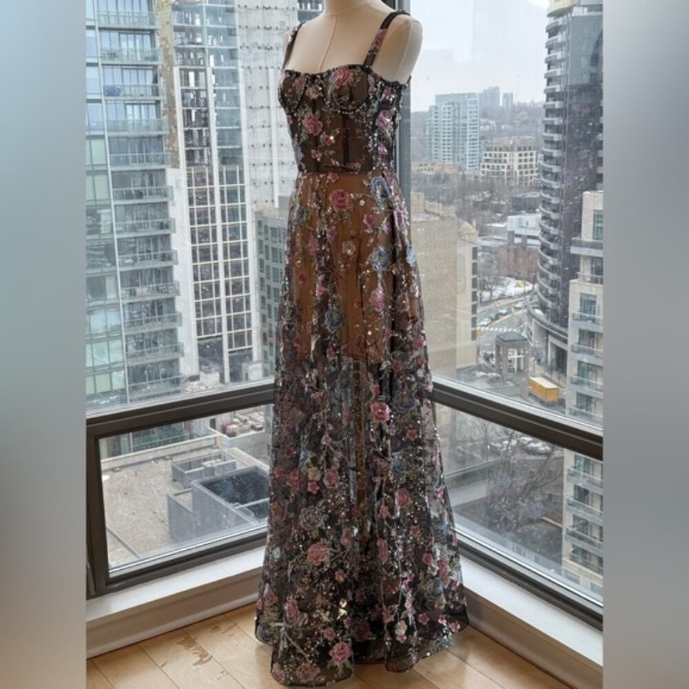 🆕 BRONX & BANCO 🧿 NWOT Midnight Embroidered Floral & Pearl Gown, Sz XS US 2 - Picture 5 of 15